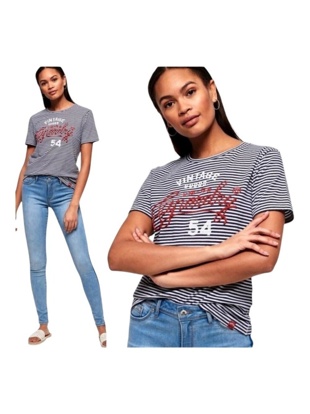 Superdry Tee Women 8 Blue White Striped Graphic Logo Coastal Nautical Preppy Top